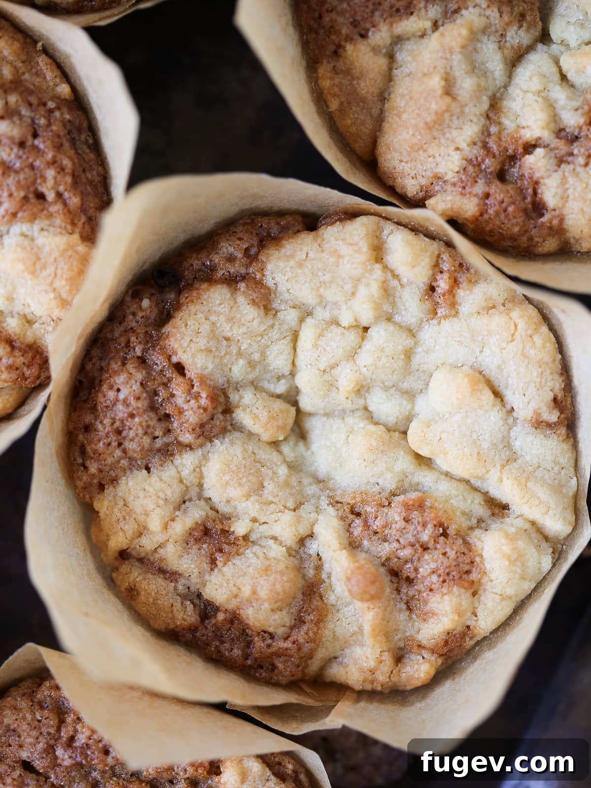 Luscious Peach Muffins 5 A single peach muffin topped generously with crumbly brown sugar streusel, showcasing visible peach pieces beneath.