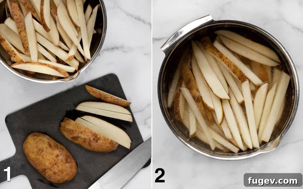 Quick & Crispy Garlic Oven Fries 4 Close-up of sliced Russet potatoes on a cutting board and soaking in a bowl of cold water.