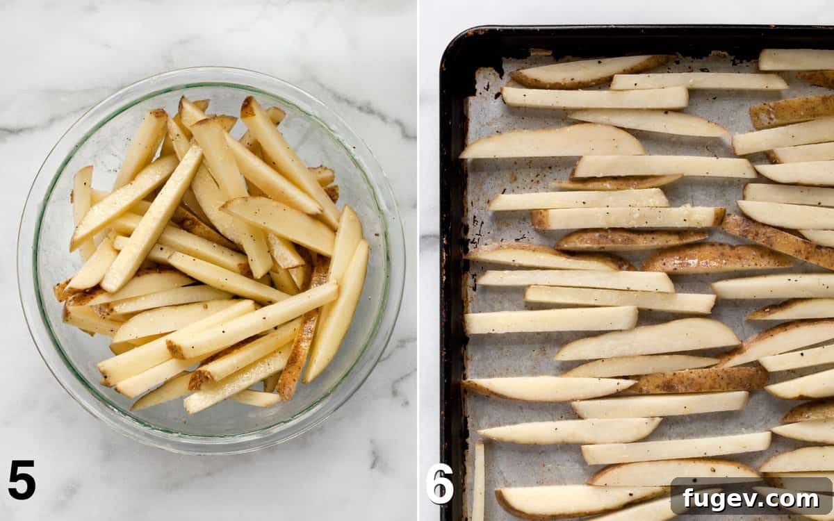Quick & Crispy Garlic Oven Fries 6 Raw, seasoned potato batons in a bowl and meticulously arranged in a single layer on a sheet pan.