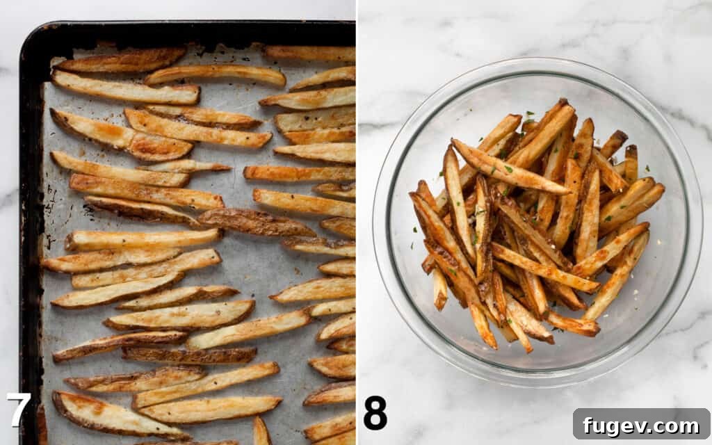 Quick & Crispy Garlic Oven Fries 7 Baked fries cooling on a pan and a serving bowl of finished garlic fries with parsley.