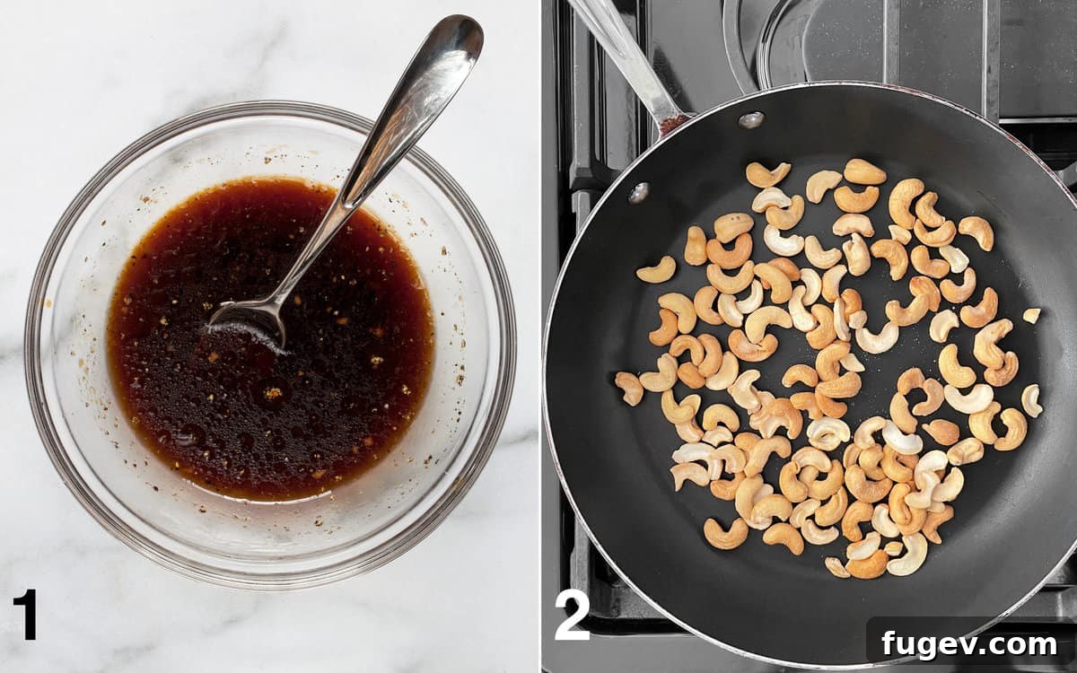 Golden Cashew Vegetable Wok 4 Stir-fry sauce being mixed in a small bowl, and cashews toasting in a skillet.