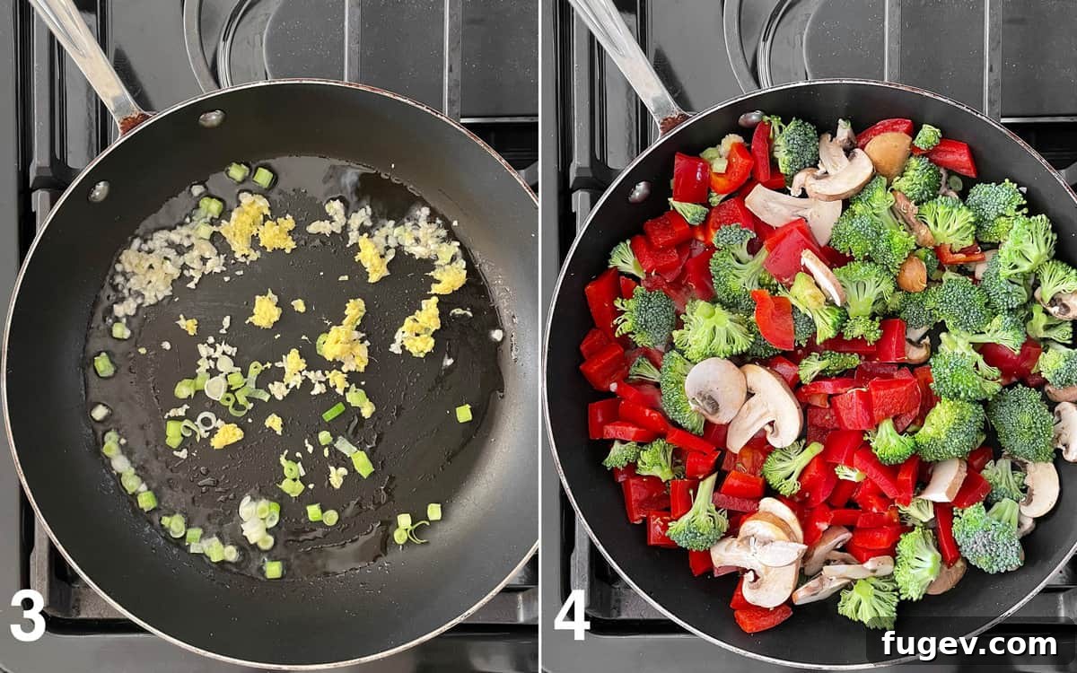 Golden Cashew Vegetable Wok 5 White parts of scallions, garlic, and ginger sautéing in a skillet, followed by the main vegetables.
