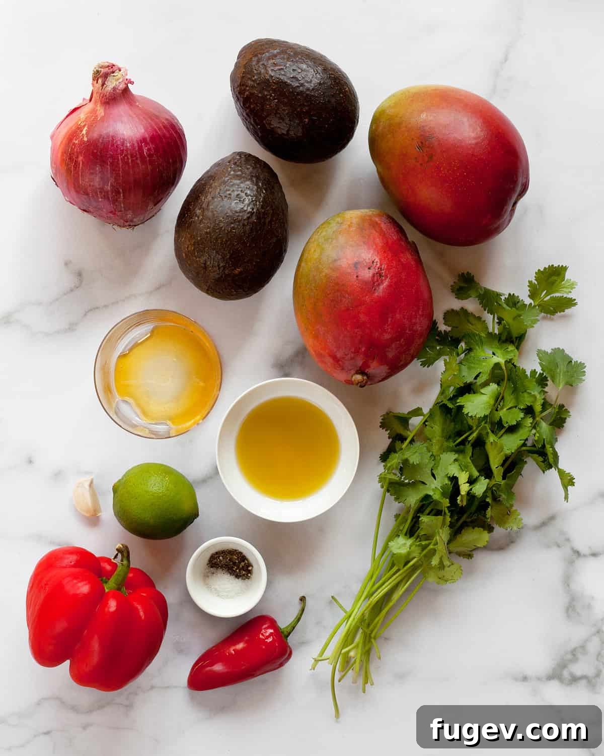 Refreshing Mango Avocado Medley 3 A colorful array of ingredients including ripe mangoes, avocados, a red onion, red bell pepper, fresh lime, and cilantro, laid out for preparation.