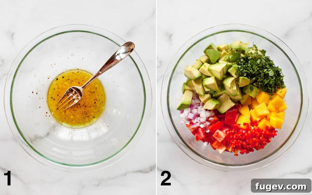 Refreshing Mango Avocado Medley 4 Step-by-step imagery showing whisking the lime dressing in a bowl, followed by adding the diced mangoes, avocados, red onions, bell peppers, and fresh cilantro.