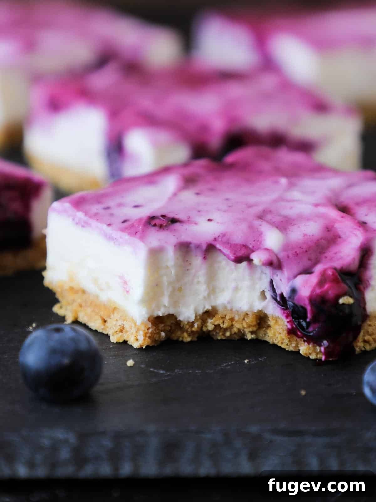 Refreshing No Bake Blueberry Cheesecake Squares 3 A bitten no-bake blueberry cheesecake bar with fresh blueberries in the foreground, showing its creamy texture and crust.