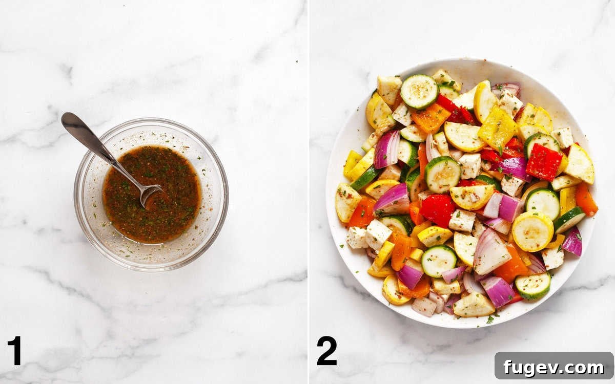 Golden Halloumi Harvest Skewers 3 Two images side-by-side: first, a bowl of marinade; second, chopped vegetables and halloumi tossed in the marinade.