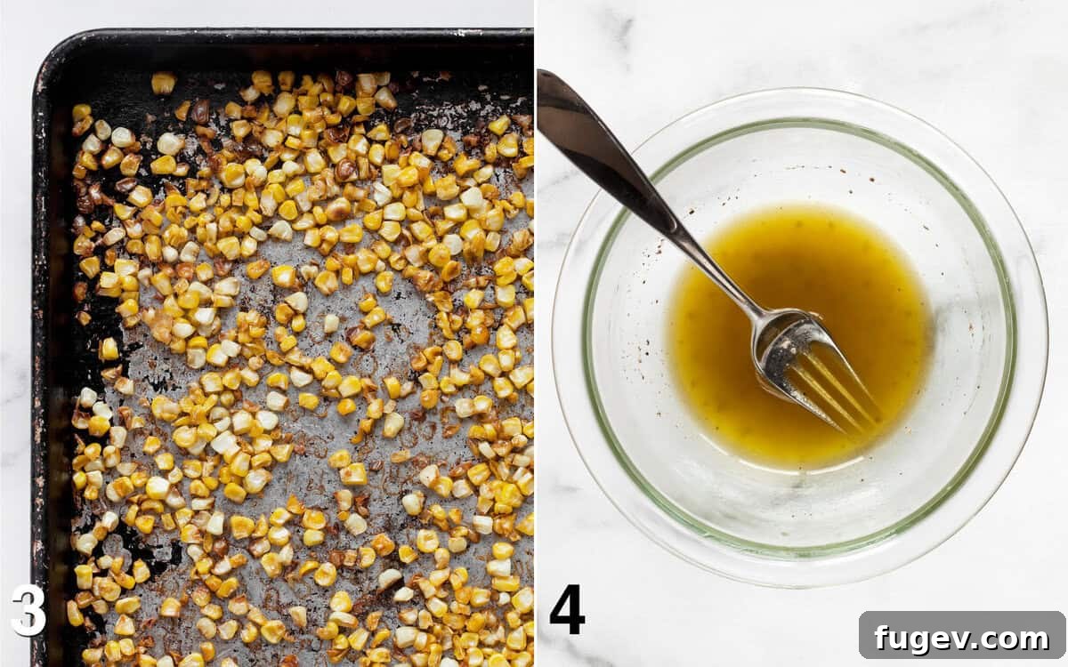 Smoky Roasted Corn Salad 5 A sheet pan filled with perfectly roasted and lightly browned corn kernels, alongside a small bowl of freshly whisked white wine vinaigrette.