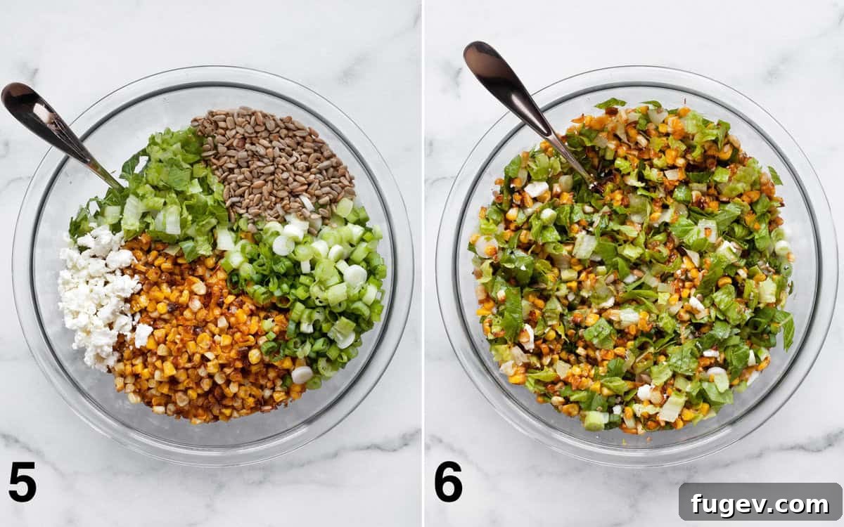 Smoky Roasted Corn Salad 6 All the salad components – roasted corn, romaine, feta, scallions, and sunflower seeds – combined in a large bowl and being tossed with the homemade vinaigrette.