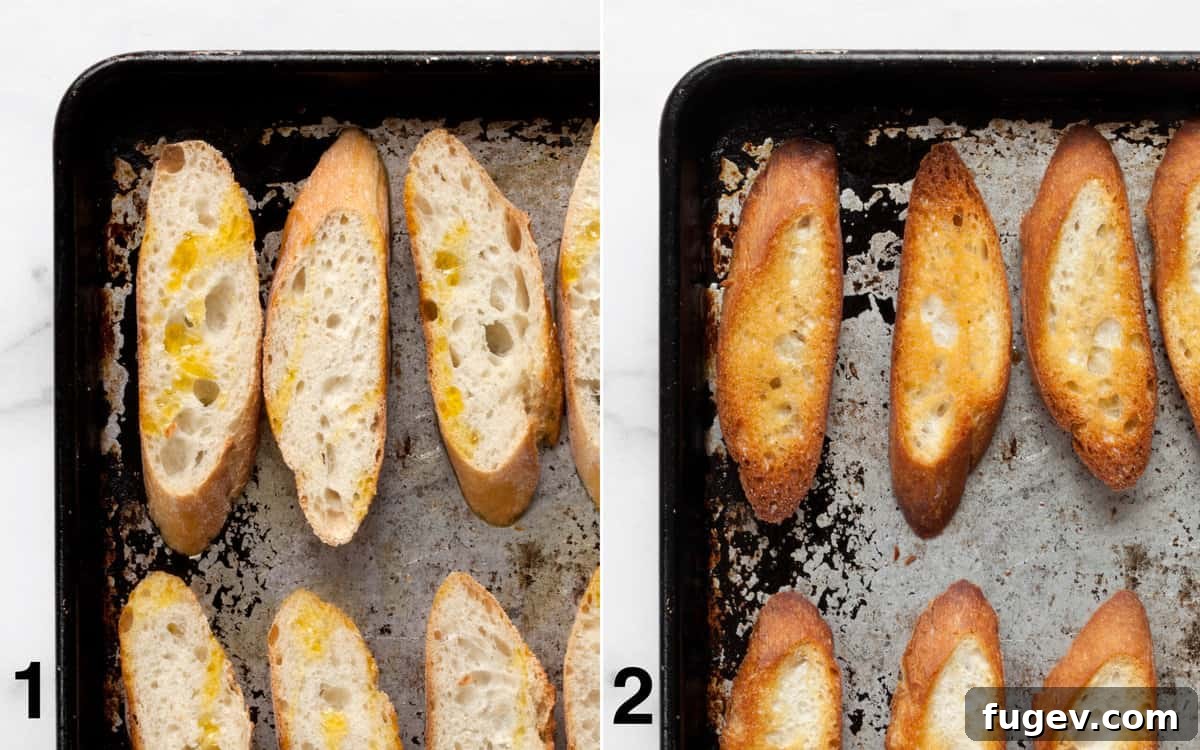 Caprese Bruschetta with Juicy Tomatoes and Creamy Mozzarella 4 Slices of baguette are drizzled with olive oil on a baking sheet before being toasted in the oven to a perfect golden crisp.