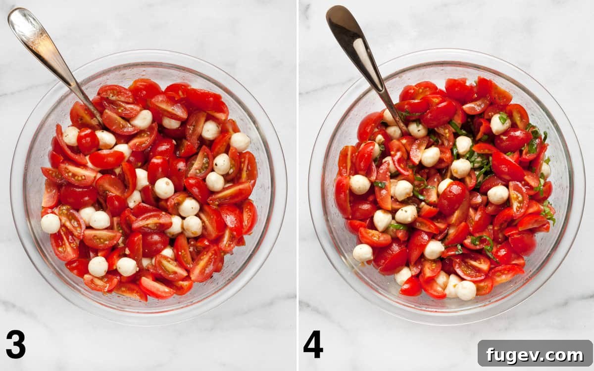 Caprese Bruschetta with Juicy Tomatoes and Creamy Mozzarella 5 A large bowl filled with vibrant marinated tomatoes, fresh mozzarella pearls, olive oil, balsamic vinegar, and seasonings, with fresh basil being stirred in.