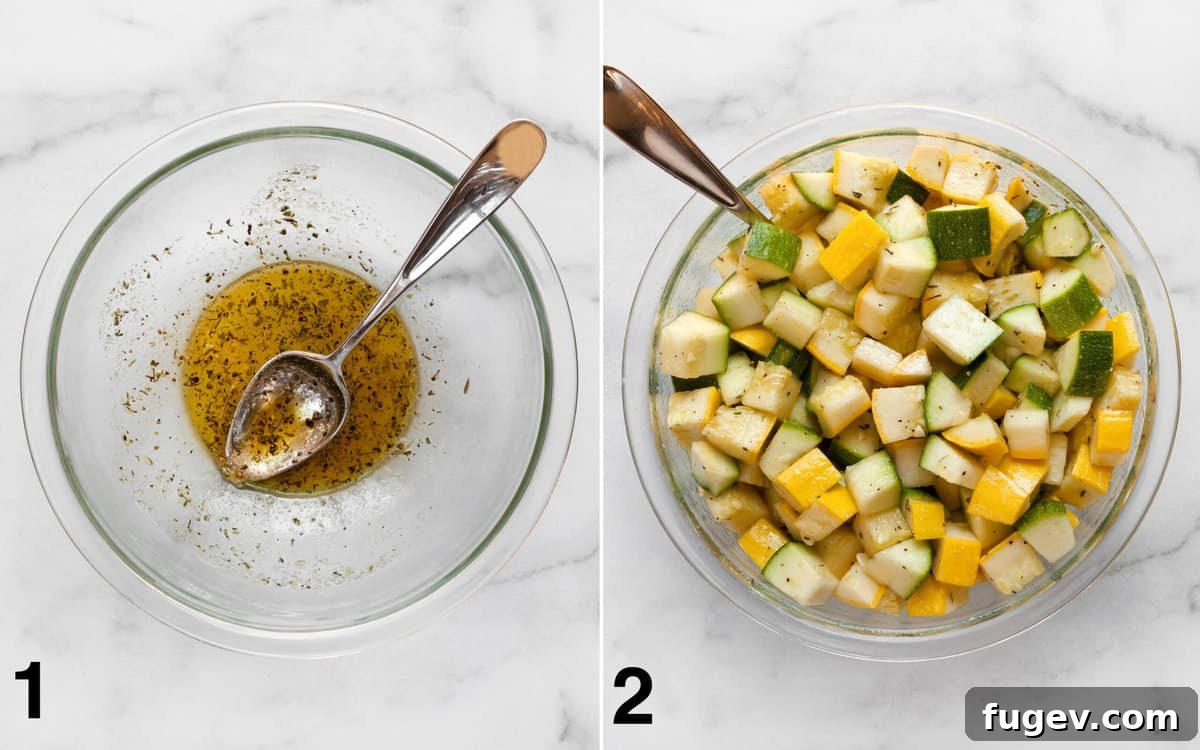Golden Roasted Zucchini and Squash 4 A large bowl showing olive oil and spices whisked together, followed by a second image of diced zucchini and squash being stirred into the mixture, ensuring even coating.
