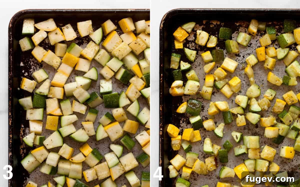 Golden Roasted Zucchini and Squash 5 Two images: first, raw diced zucchini and squash spread in a single layer on a baking sheet; second, the same vegetables after initial roasting, showing slight browning and tender texture.
