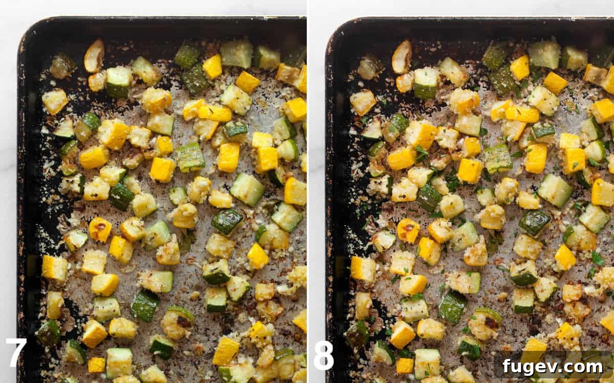 Golden Roasted Zucchini and Squash 7 Two images: first, fully roasted zucchini and squash on a sheet pan with golden panko; second, the same roasted vegetables garnished with fresh chopped parsley.