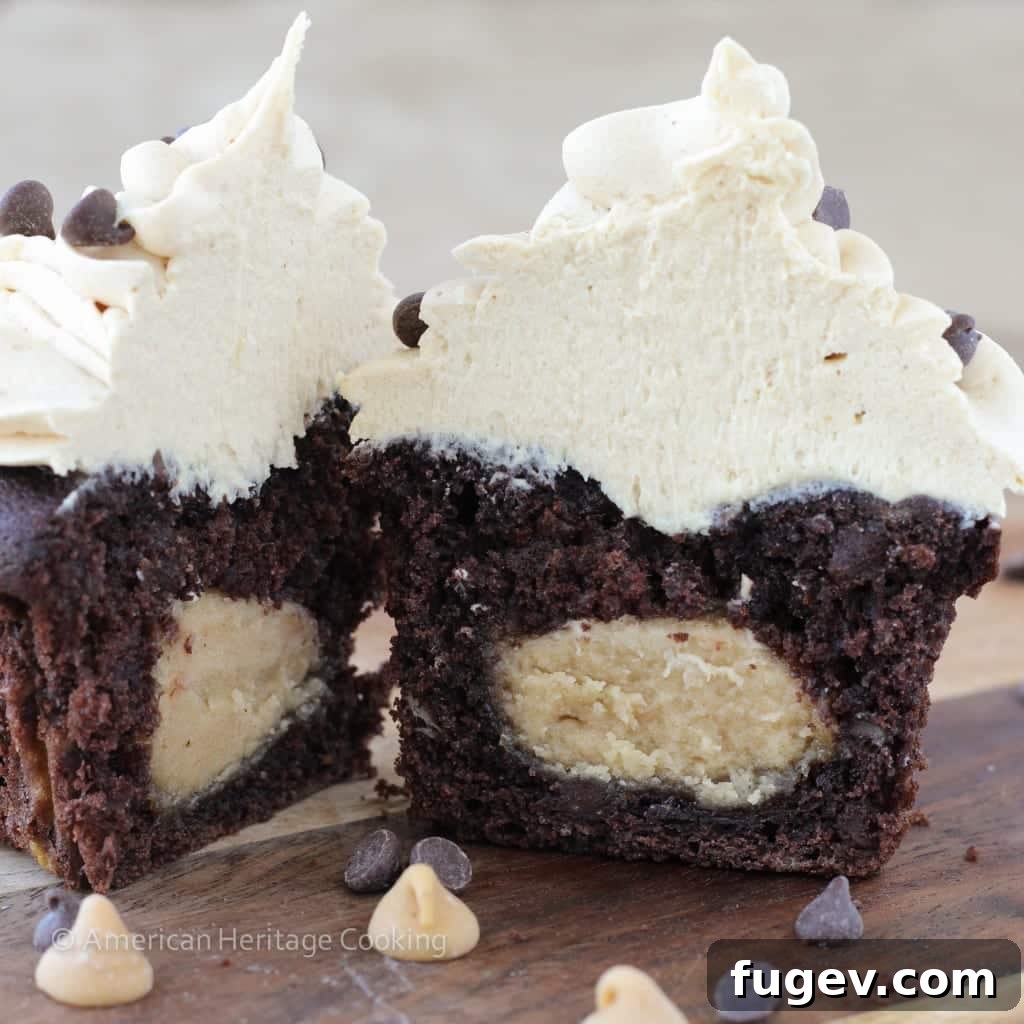 Chocolate Peanut Butter Dream Cupcakes 2 Peanut Butter Stuffed Double Chocolate Banana Cupcakes with Peanut Butter Frosting - Overhead view of a cupcake