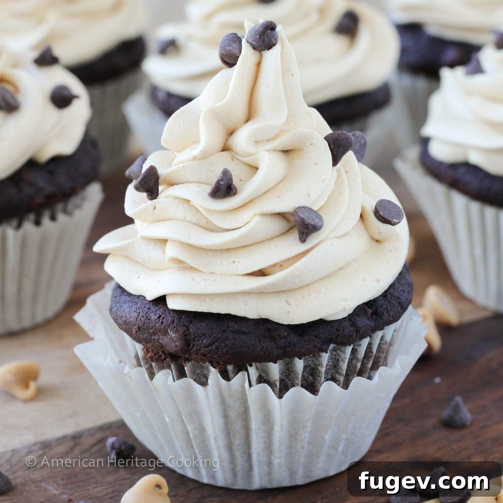 Chocolate Peanut Butter Dream Cupcakes 3 Peanut Butter Stuffed Double Chocolate Banana Cupcakes with Peanut Butter Frosting - Close-up of frosted cupcakes