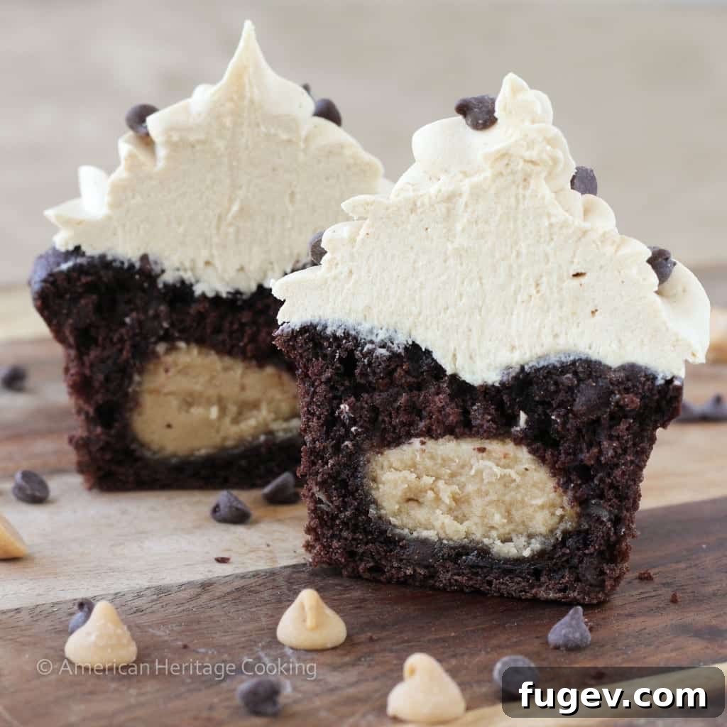 Chocolate Peanut Butter Dream Cupcakes 4 Peanut Butter Stuffed Double Chocolate Banana Cupcakes with Peanut Butter Frosting - Inside view of a cut cupcake with buckeye filling