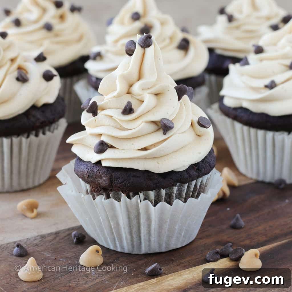 Chocolate Peanut Butter Dream Cupcakes 5 Peanut Butter Stuffed Double Chocolate Banana Cupcakes with Peanut Butter Frosting - Row of cupcakes with frosting