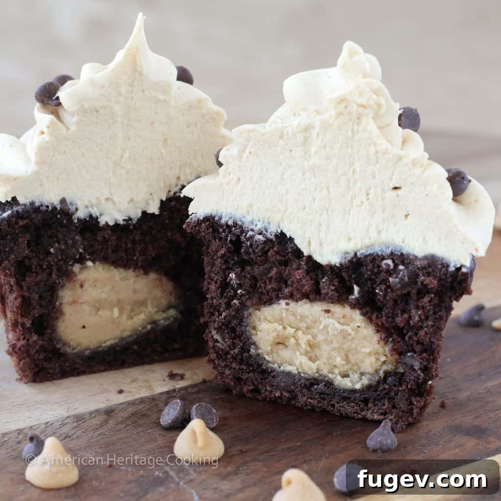 Chocolate Peanut Butter Dream Cupcakes 6 Peanut Butter Stuffed Double Chocolate Banana Cupcakes with Peanut Butter Frosting - Artfully arranged cupcakes