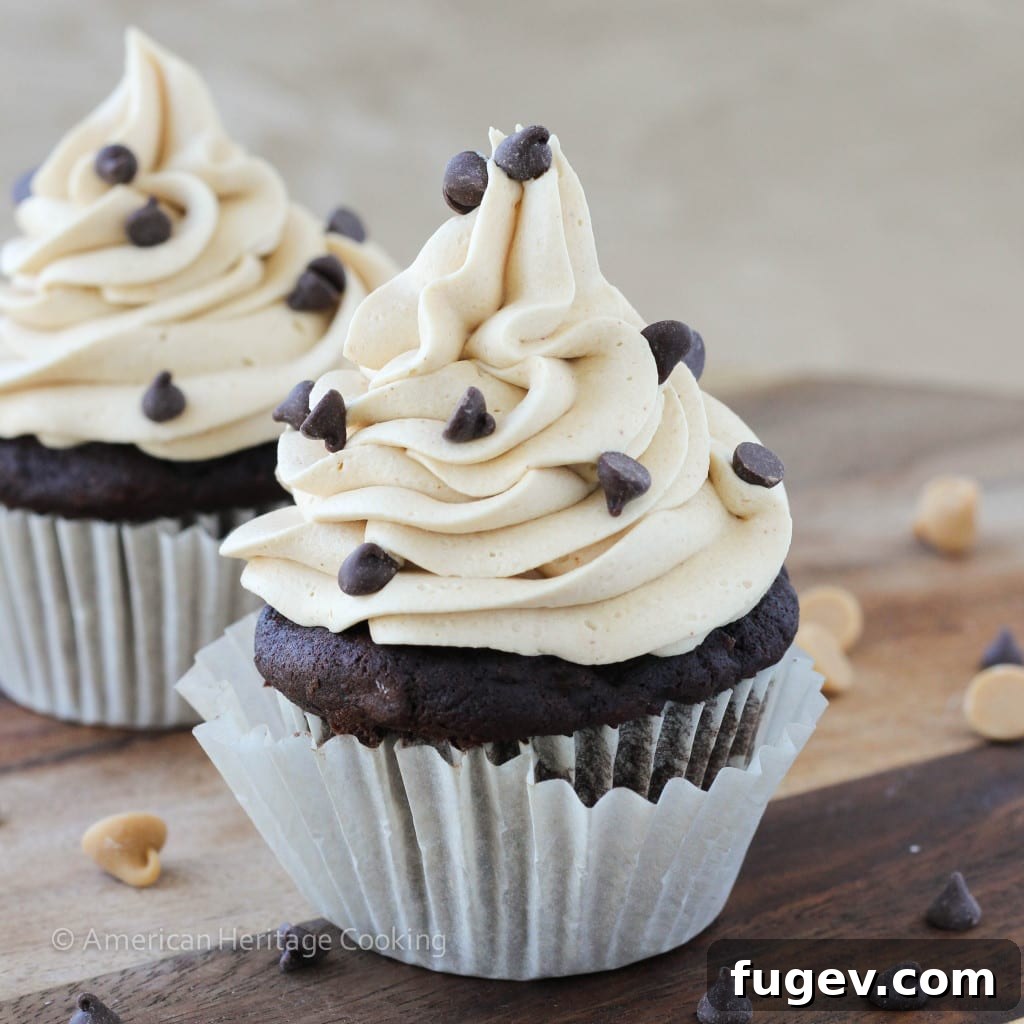 Chocolate Peanut Butter Dream Cupcakes 7 Peanut Butter Stuffed Double Chocolate Banana Cupcakes with Peanut Butter Frosting - A single, perfectly frosted cupcake