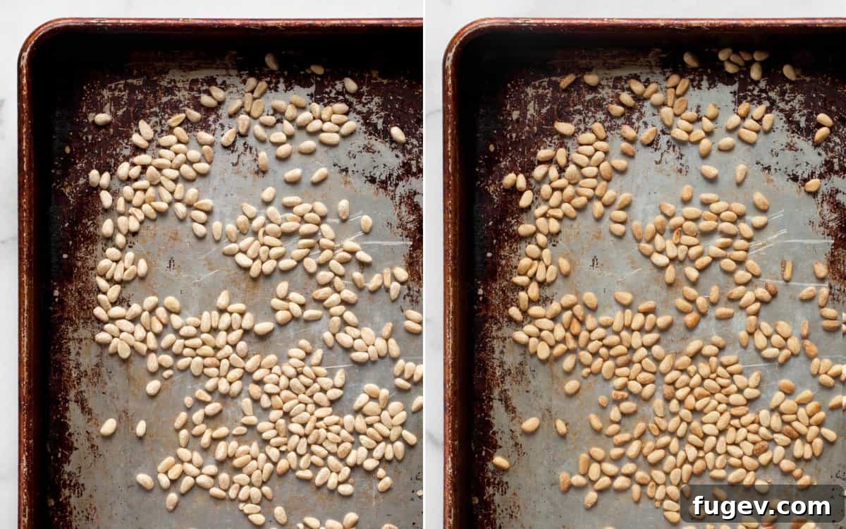 Sun-Kissed Tomato Pesto Pasta Salad 5 Pine nuts spread on a baking sheet before and after being toasted to golden perfection in the oven.