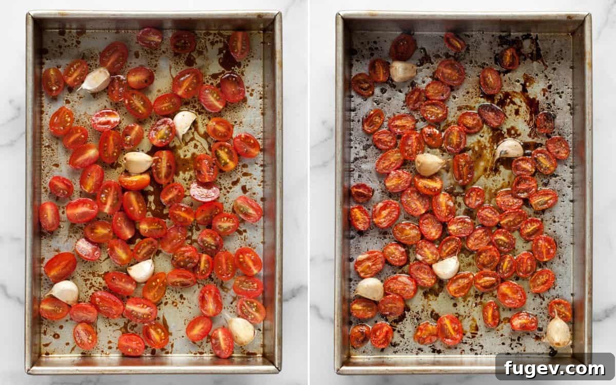 Sun-Kissed Tomato Pesto Pasta Salad 6 Grape tomatoes and garlic cloves in a rectangular baking dish before and after they are roasted to a sweet and mellow perfection.