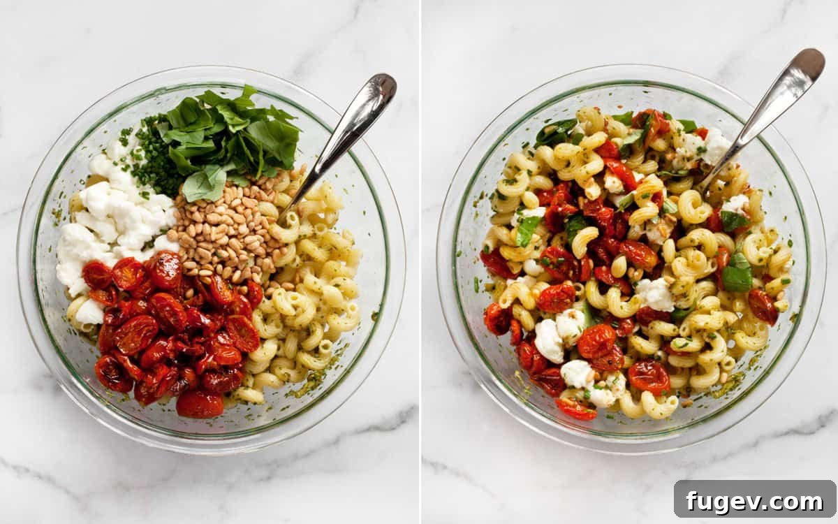 Sun-Kissed Tomato Pesto Pasta Salad 8 Cooked pasta, roasted tomatoes, pine nuts, mozzarella, basil, and chives being combined in a large bowl and stirred together.