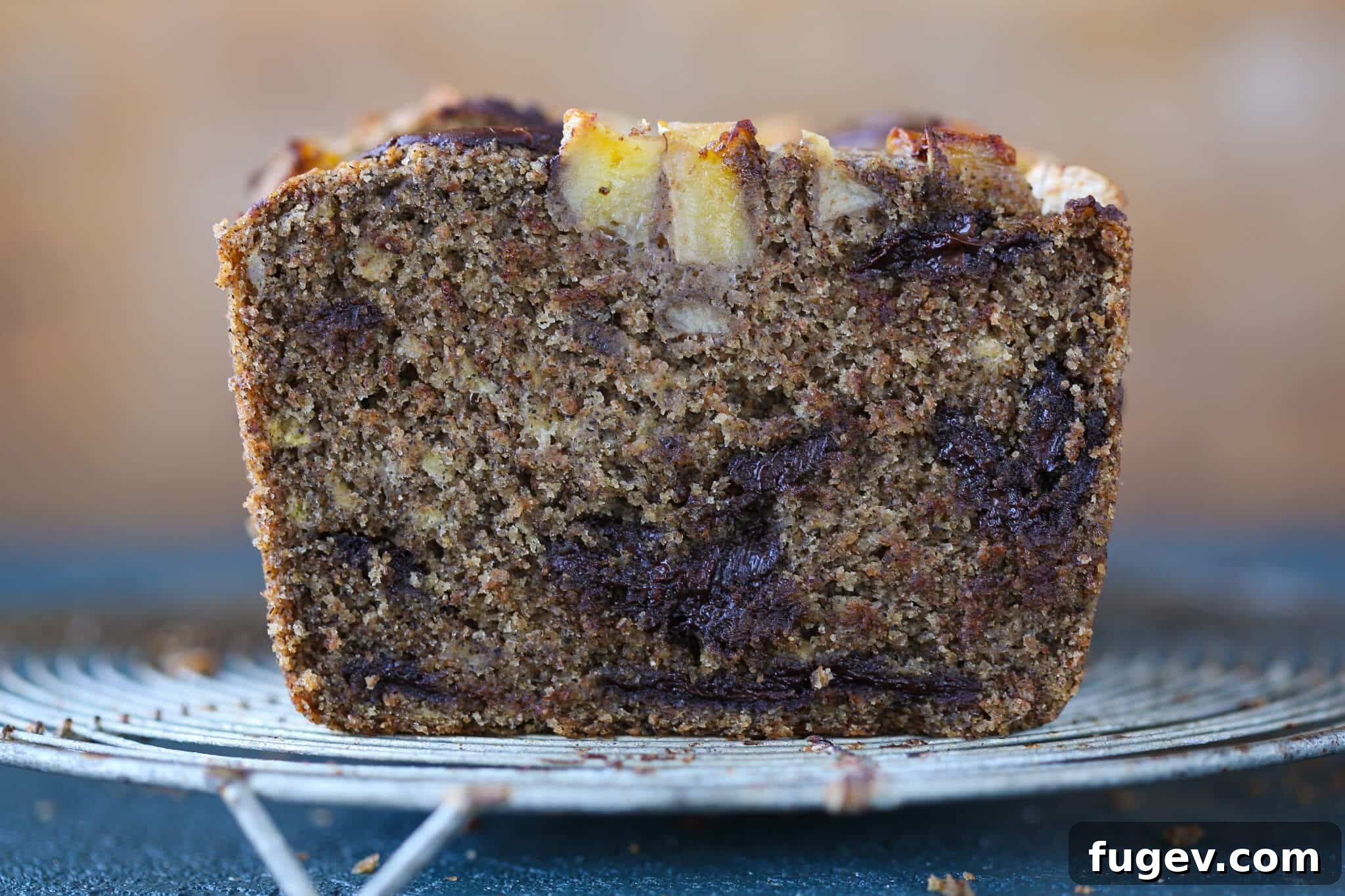 Irresistible Vegan Chocolate Chip Banana Loaf 5 Close-up side view of a perfect slice of Vegan Gluten-Free Chocolate Chip Buckwheat Banana Bread