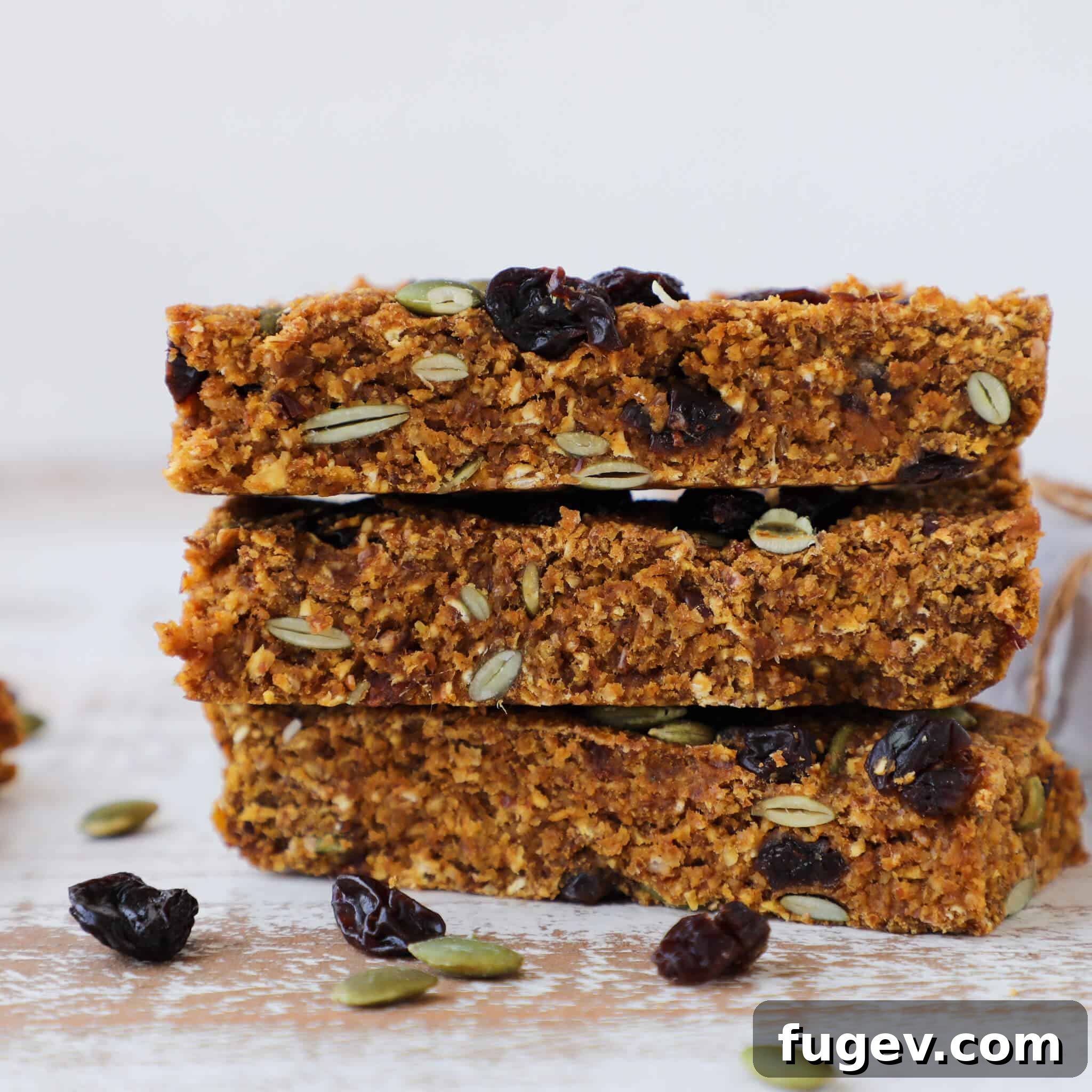 Irresistible Gluten-Free Pumpkin Squares 3 Stacked Gluten-Free Pumpkin Spice Energy Bars showing texture.