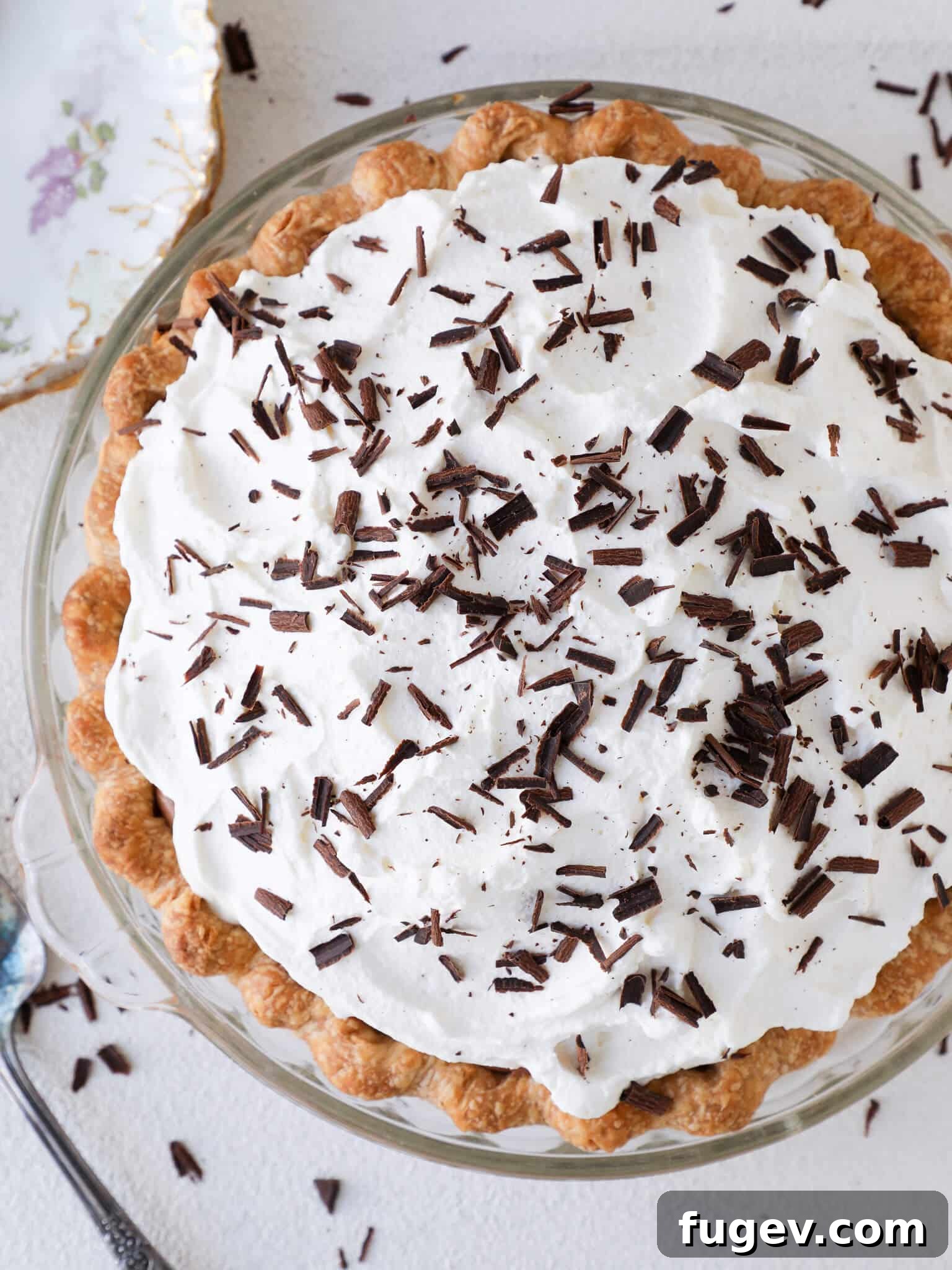 Decadent Chocolate Silk Pie 4 French Silk Pie captured from an overhead perspective, showcasing its beautiful topping.