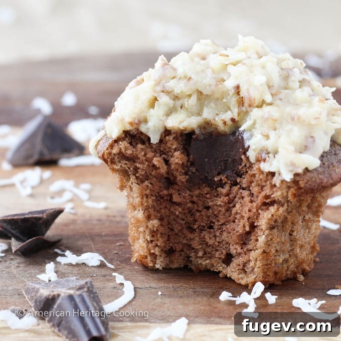 Decadent German Chocolate Cupcakes 3 Close-up of a perfectly frosted German Chocolate Cupcake