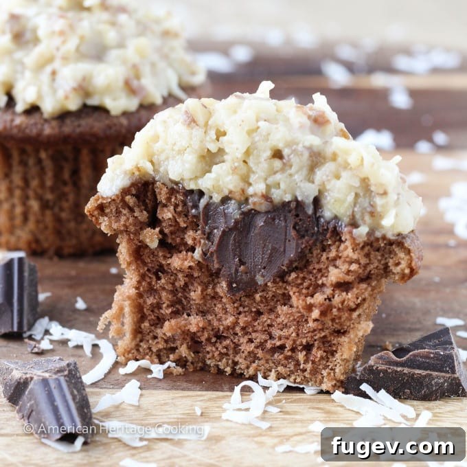 Decadent German Chocolate Cupcakes 4 German Chocolate Cupcakes with a glimpse of the chocolate ganache filling