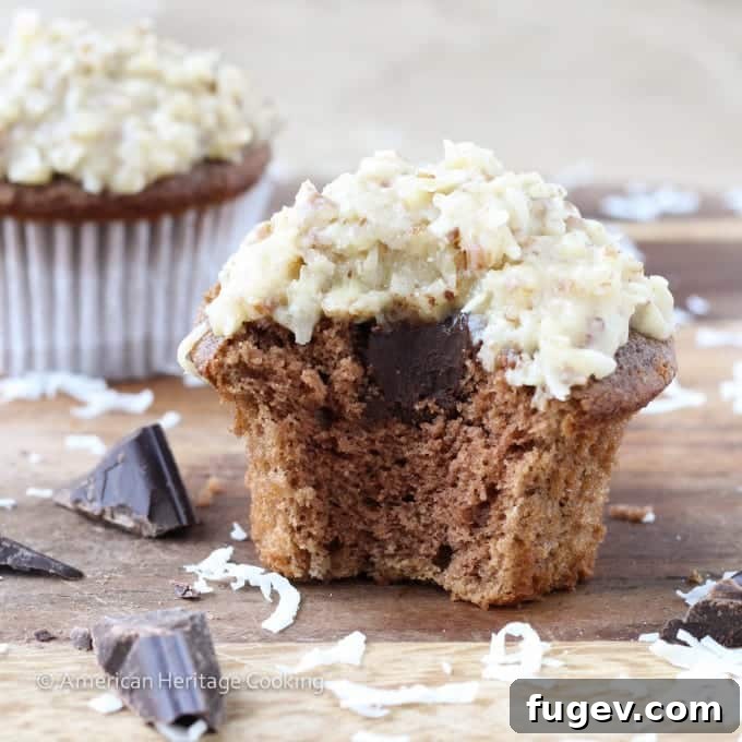 Decadent German Chocolate Cupcakes 7 Decorated German Chocolate Cupcakes ready for serving