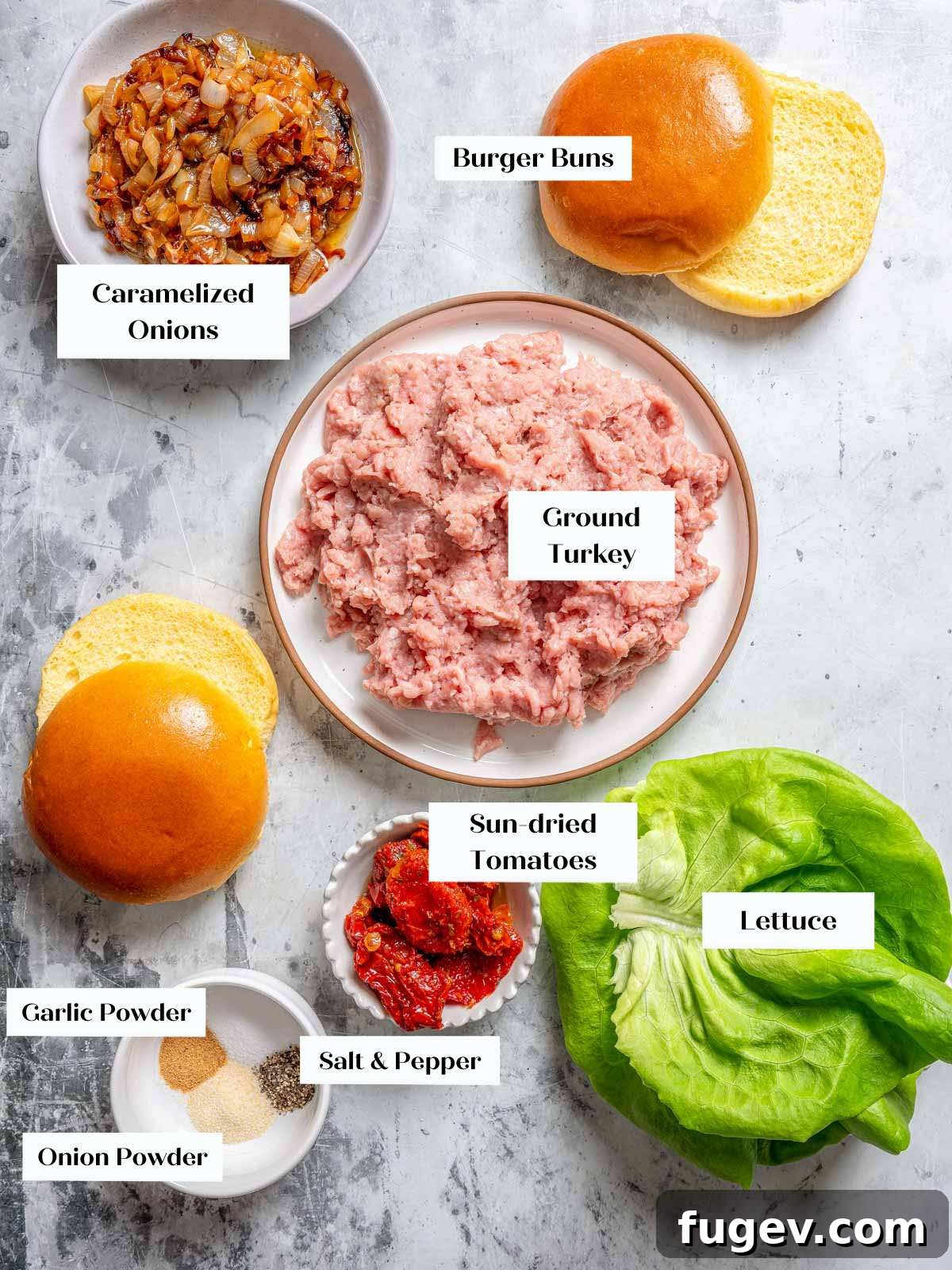Juicy Homemade Turkey Burgers 3 A vibrant flat lay of fresh ingredients for turkey burgers including ground turkey, onions, sun-dried tomatoes, and spices.