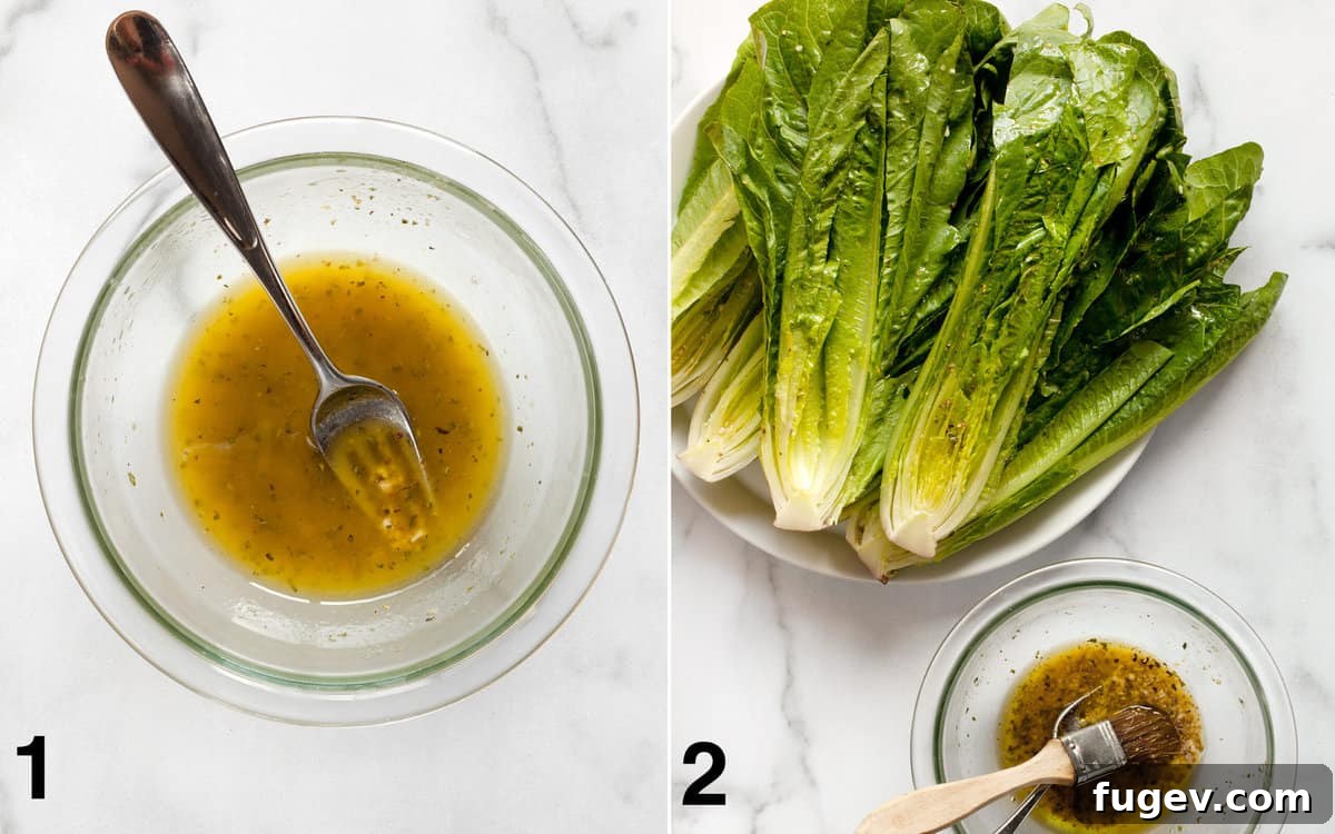 Fire Kissed Romaine 3 Vinaigrette whisked in a bowl. Romaine hearts on a plate with vinaigrette in a bowl with a brush for application.