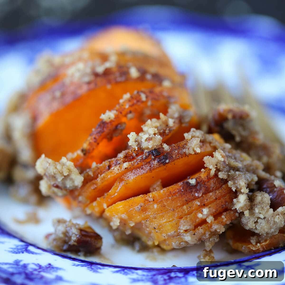 Golden Accordion Sweet Potato Bake 3 Hasselback Sweet Potatoes Closeup with Brown Sugar Pecan Topping