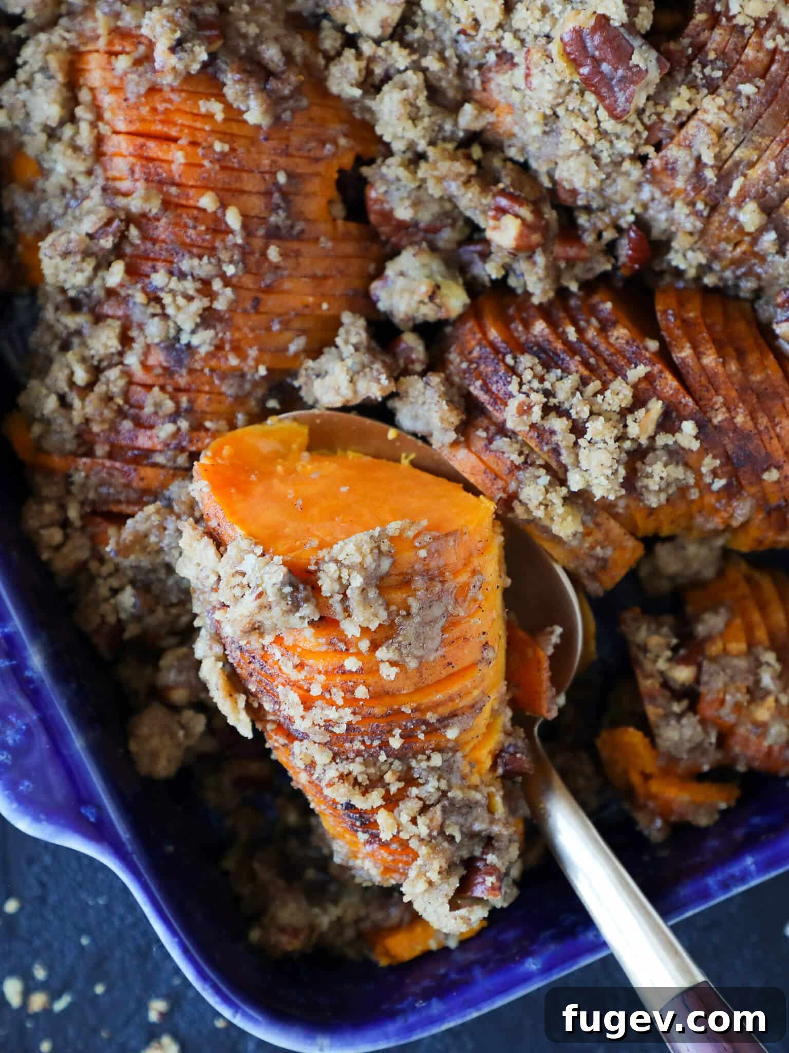 Golden Accordion Sweet Potato Bake 5 Side Dish with Silver Spoon, Hasselback Sweet Potatoes