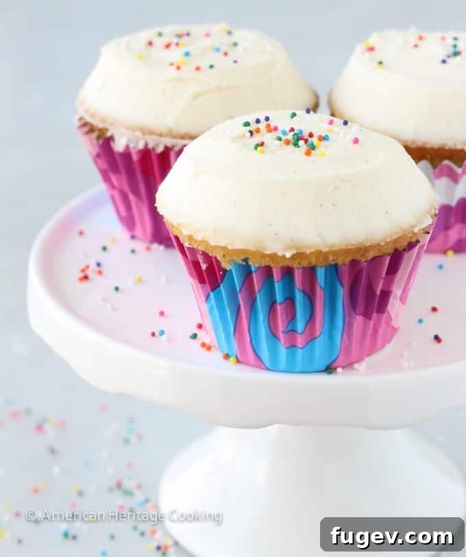 Sprinkles-Inspired Vanilla Cupcakes 2 Sprinkles Copycat Vanilla Cupcakes Closeup on Stand