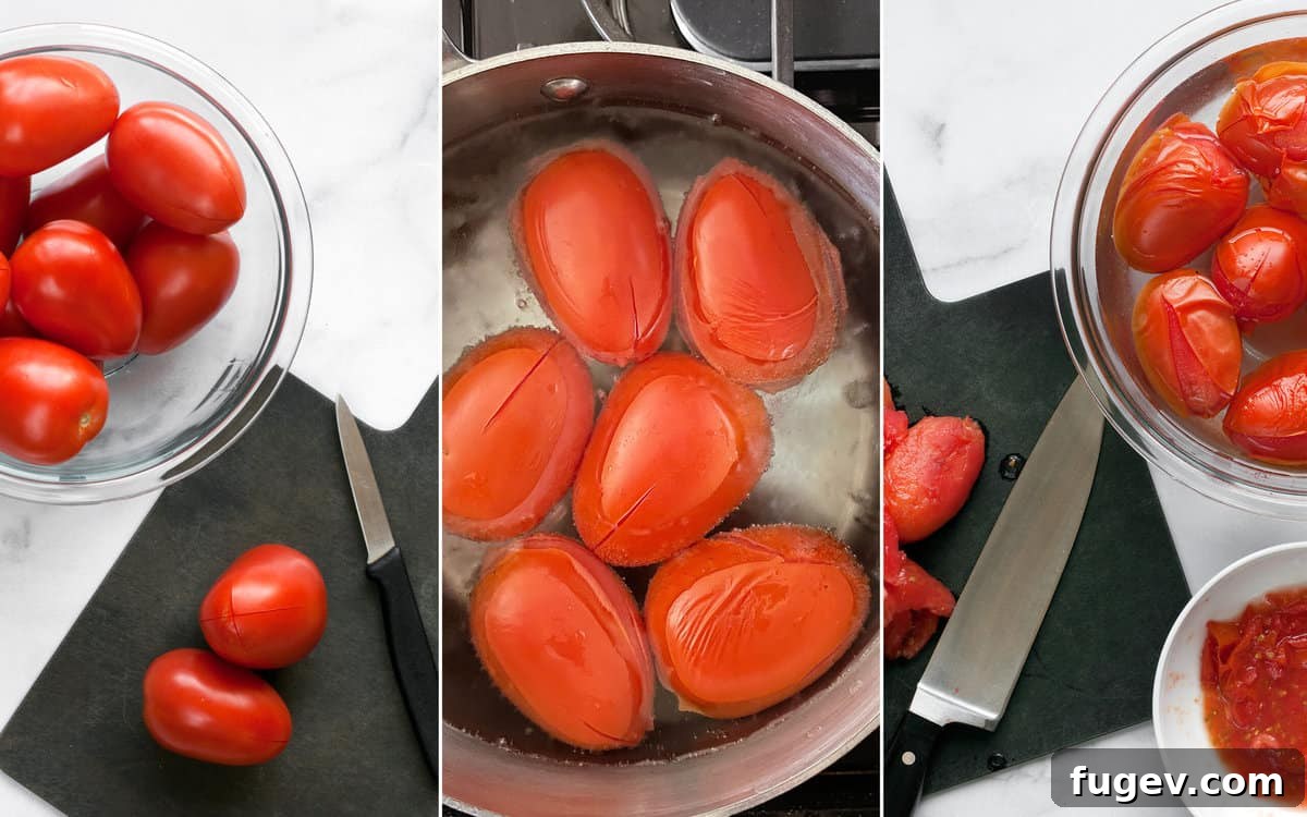 Garden-Fresh Roma Tomato Sauce 4 Steps showing how to peel tomatoes using blanching and an ice bath.
