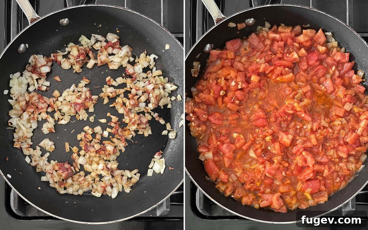 Garden-Fresh Roma Tomato Sauce 6 Add the aromatics to the onions in the skillet. Then pour in the tomatoes and simmer the sauce.