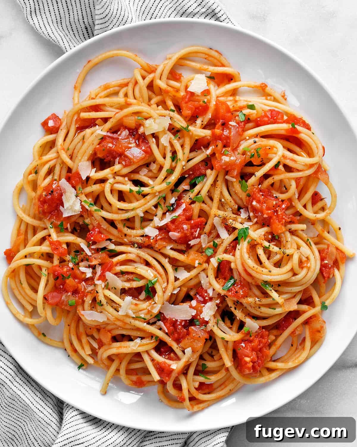Garden-Fresh Roma Tomato Sauce 7 Spaghetti with roma tomato sauce on a plate, garnished with basil.