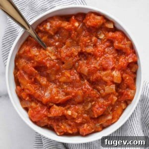 Roma tomato sauce in a bowl, ready to serve with pasta.