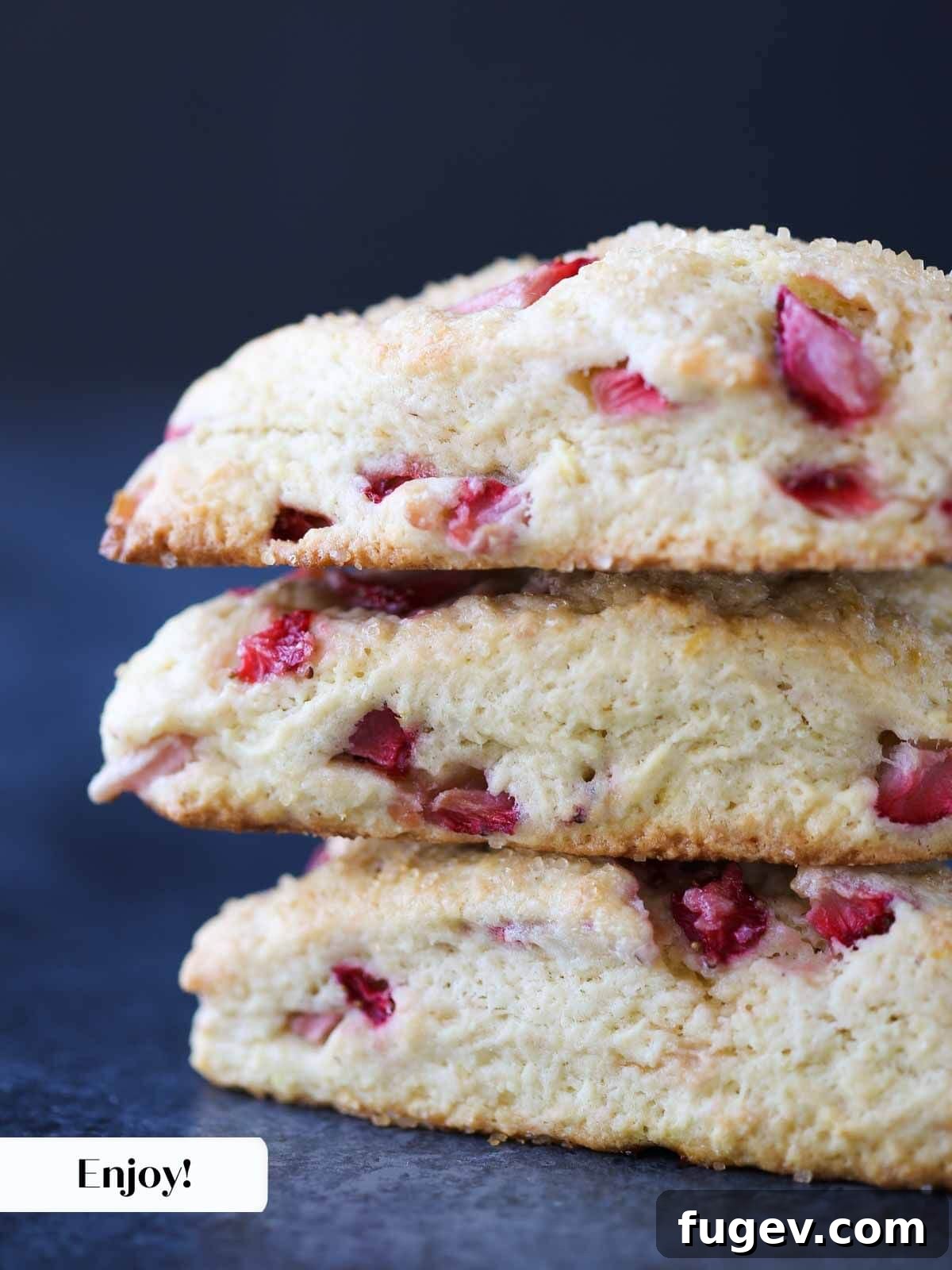 Sweet Summer Strawberry Scones 12 Close-up of a tender, moist strawberry scone with fruit.