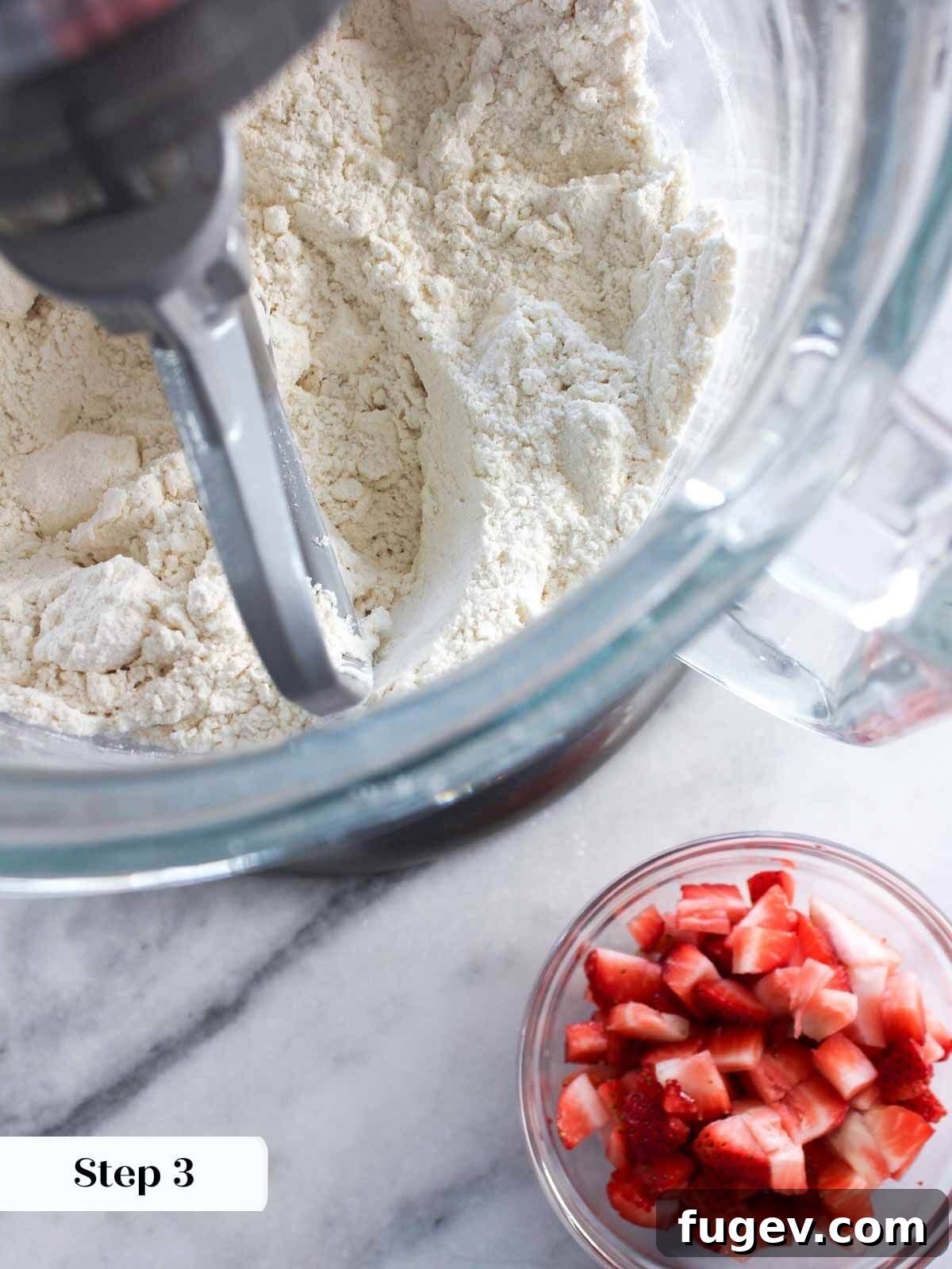 Sweet Summer Strawberry Scones 4 Dry ingredients mixed with cubed cold butter for scones.