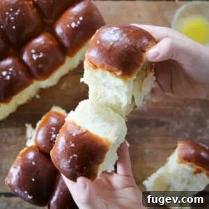 35 Essential Thanksgiving Sides 5 Soft and fluffy Potato Dinner Rolls being torn apart, ready to be enjoyed.
