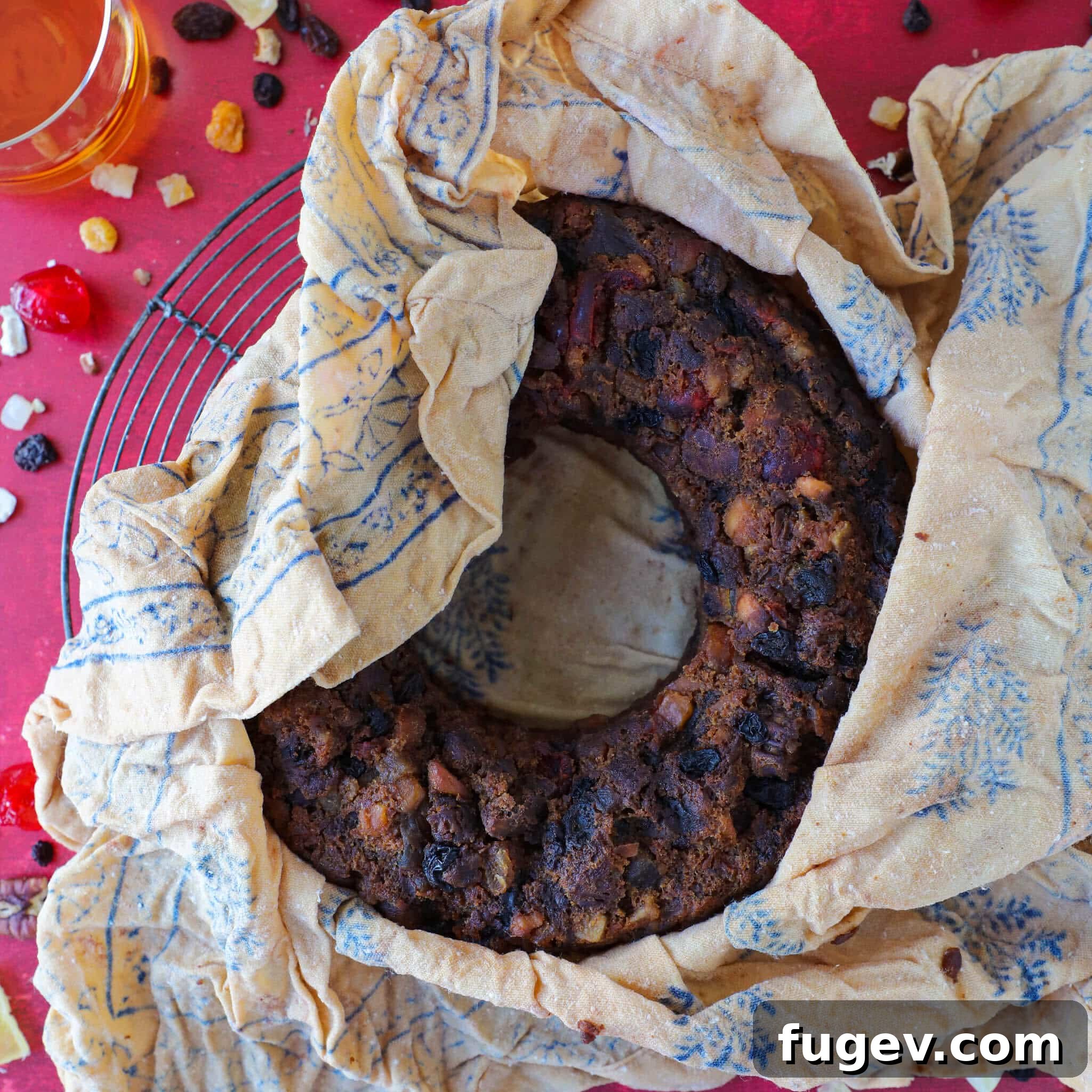 Heritage Fruitcake 6 Old Fashioned Fruit Cake beautifully wrapped in a brandy-soaked cloth, ready for aging
