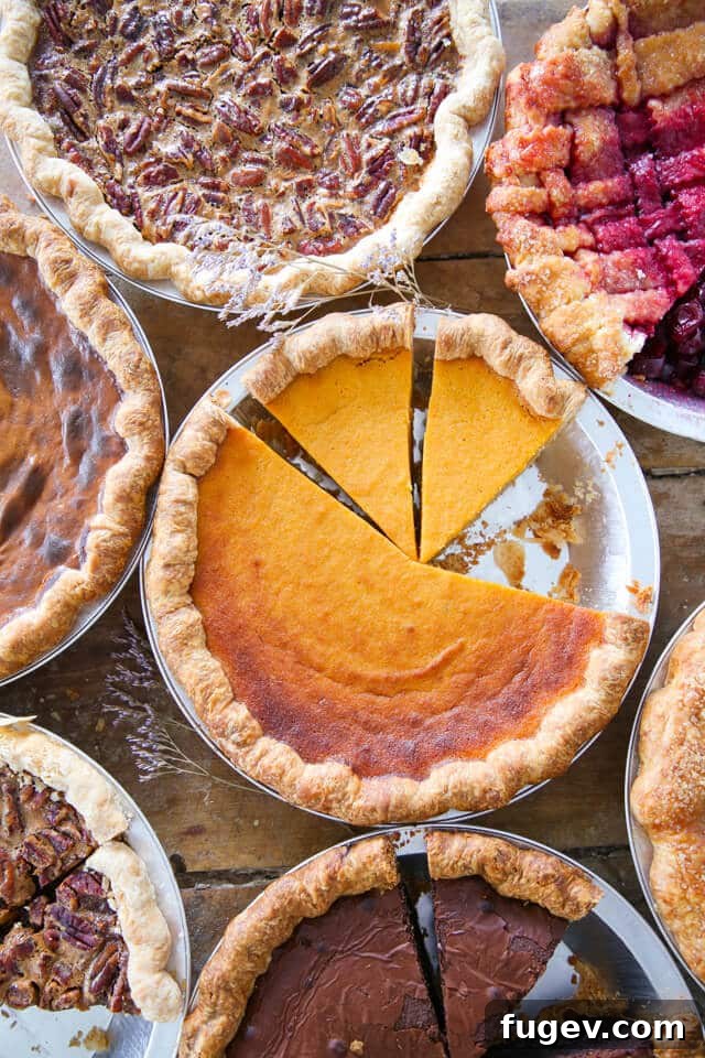 Irresistible Thanksgiving Pie Delights 2 A vibrant collection of 20 Thanksgiving Pie Recipes, each exquisitely sliced and arranged in various pie tins, showcasing their rich fillings and perfectly golden crusts.