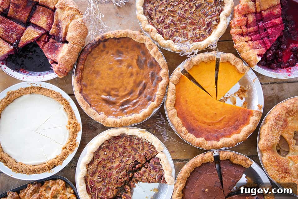 Irresistible Thanksgiving Pie Delights 3 A stunning array of whole Thanksgiving pies, featuring a variety of textures and toppings, arranged beautifully on a rustic table setting, perfect for a holiday feast.