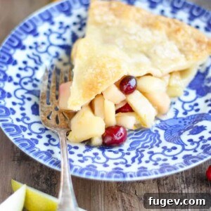 A perfectly cut slice of Cranberry Orange Pear Pie, showcasing its vibrant filling and crust detail.