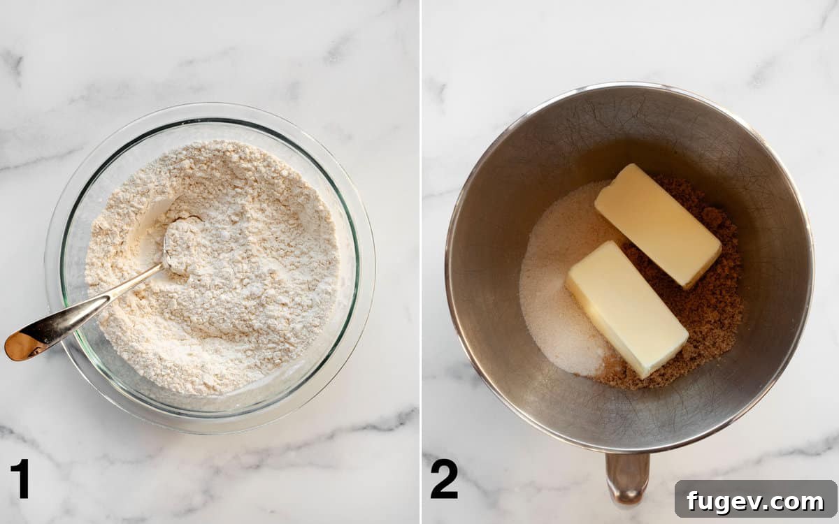 Crispy Colorful Candy Cookies 4 Dry ingredients mixed in a bowl, and creamed butter with sugars in another bowl