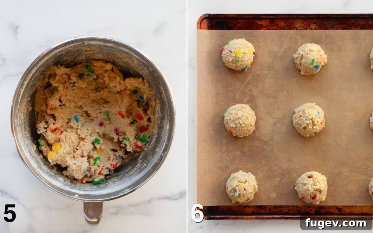 Crispy Colorful Candy Cookies 6 M&M cookie dough in a bowl and scooped cookie dough balls on a baking sheet